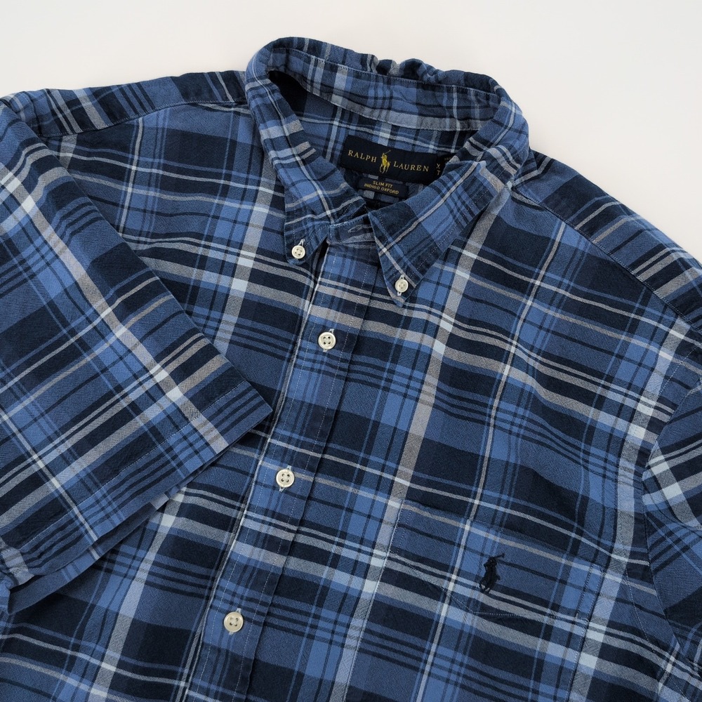 Polo Ralph Lauren Shirt Mens XXL Blue Plaid Indigo Oxford Slim Fit Button Down